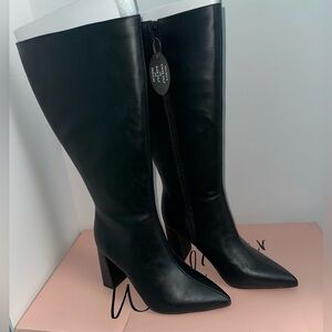 Wild Pair Black Pointed Toe Block Heel Knee-High Boots X Wide Calf